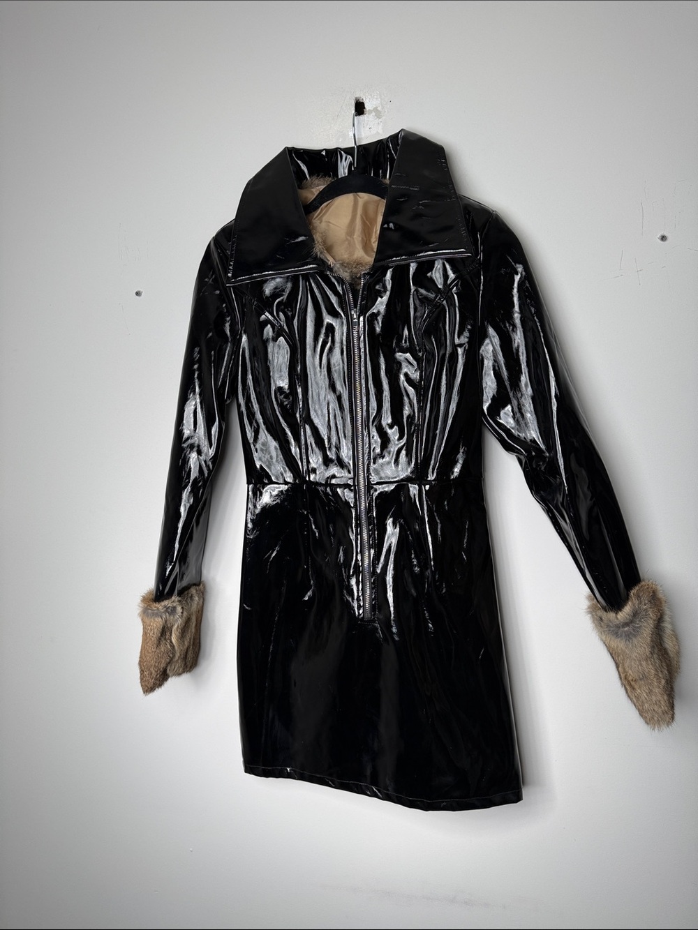 AKIRA Black Patent Leather-Look Coat with Faux-Fur Cuffs